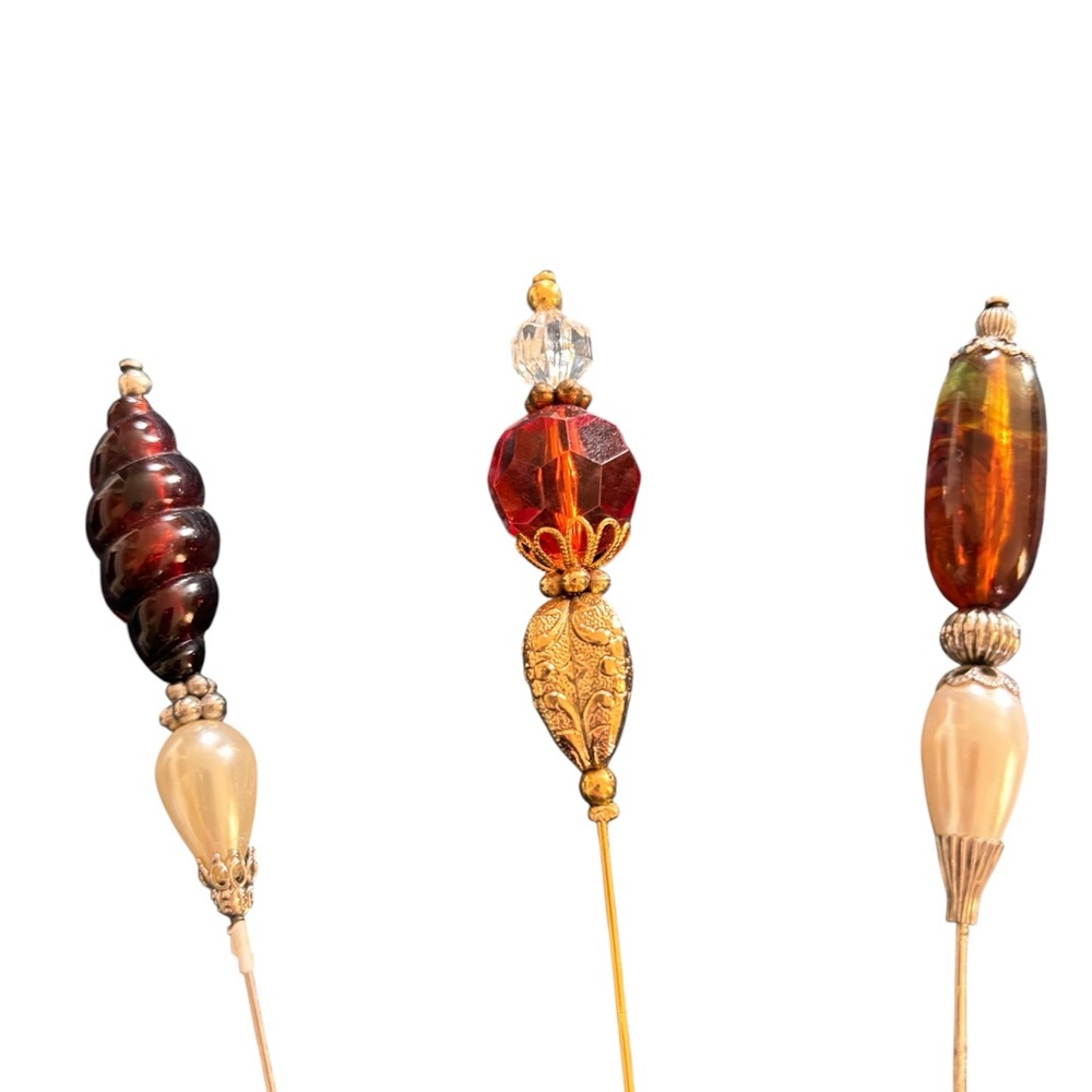 Lot 3 Decorative VTG Style Ornate Hat Pins Faux Amber Gold Pearl 5” Hair Beauty